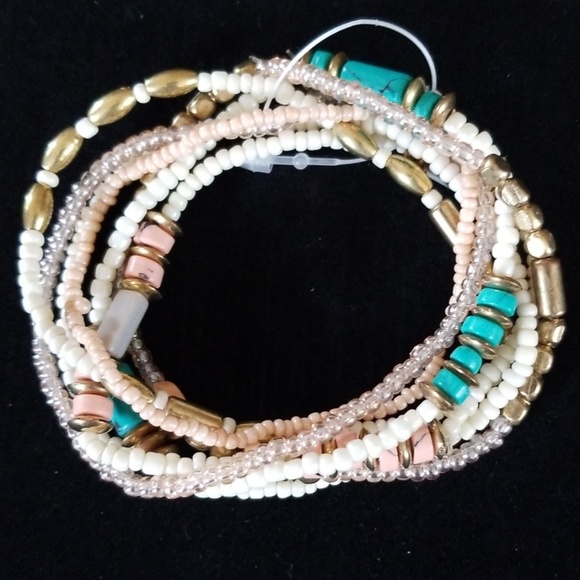 Vintage Boho Turquoise Coral Goldtone Beaded Stackable Stretch Bracelet Set - Picture 7 of 16